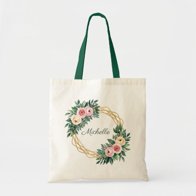 Trendy Personalised Name Botanical Gold Greenery   Tote Bag (Front)