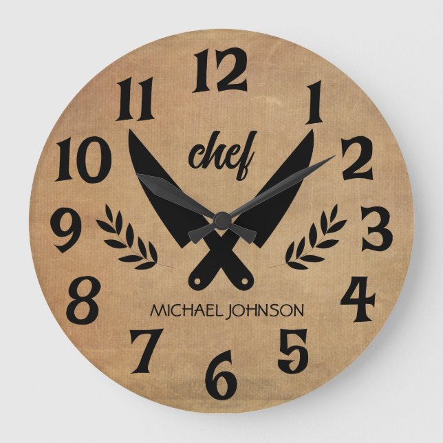 Trendy Personalised name chef Brown  Large Clock (Front)