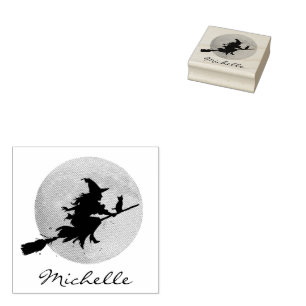 Trendy Personalised Name Cute witch Halloween Rubber Stamp