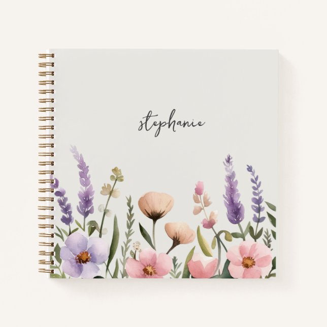 Trendy Personalised Name Watercolor Wildflower Notebook (Front)