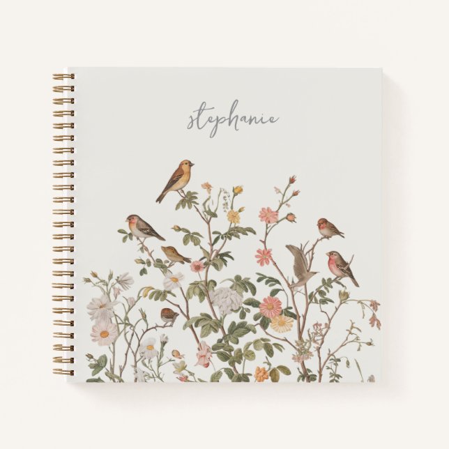 Trendy  Personalised Name wildflowers & birds Notebook (Front)