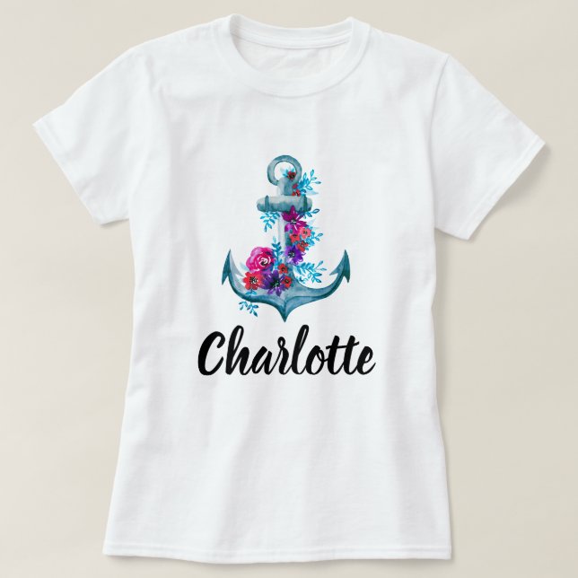 Trendy Personalised Nautical Watercolor Anchor T-Shirt (Design Front)