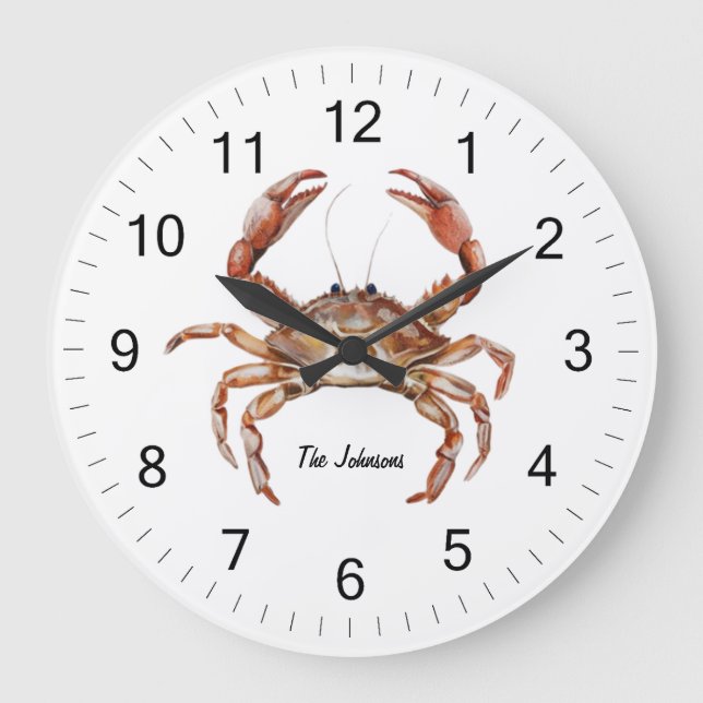 Trendy Personalised Watercolor Crab Summer Beach   Large Clock (Front)