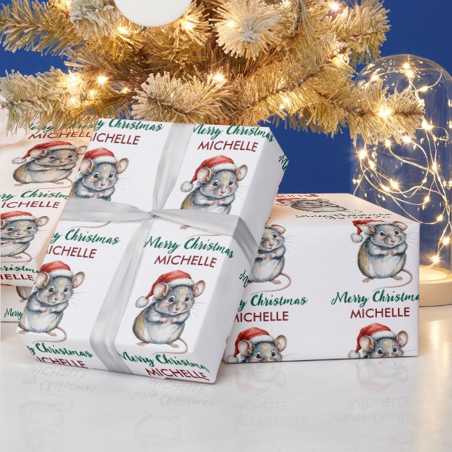 Trendy Personalized Mouse with Santa Hat Christmas Wrapping Paper (Holidays)