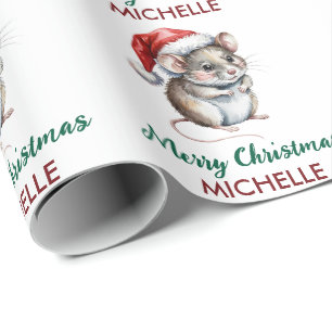 Trendy Personalized Mouse with Santa Hat Christmas Wrapping Paper
