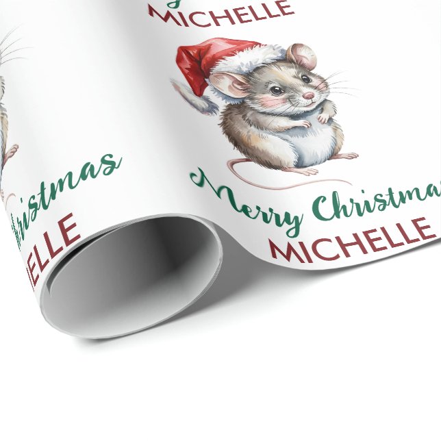 Trendy Personalized Mouse with Santa Hat Christmas Wrapping Paper (Roll Corner)