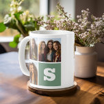 Trendy Photo Collage with Green Monogram Coffee Mug<br><div class="desc">Use 3 square photos to create a unique and personal gift. Add a big monogram and make a personalised mug. If you need to adjust the pictures,  click on the customise tool to make changes.</div>