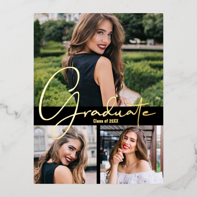 Trendy Photo Graduation Party Foil Invitation Postcard (Front)