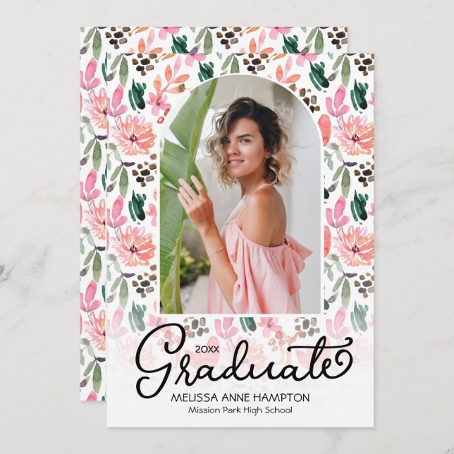 Trendy Photo on Floral Graduation Party Invitation (Front/Back)