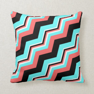 Trendy Pillow; Black, White, Coral & Teal Chevron Cushion