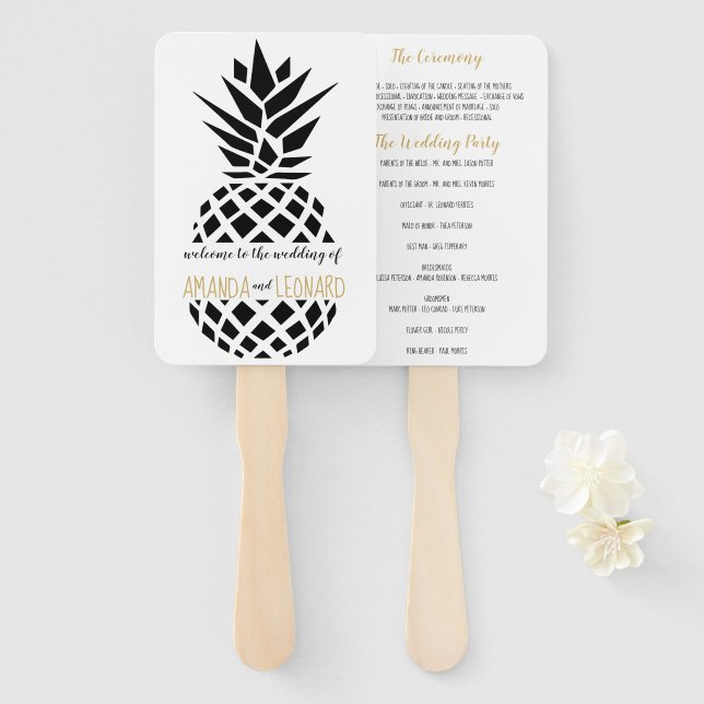 Trendy pineapple EDITABLE COLOR wedding program Hand Fan (Front and Back)