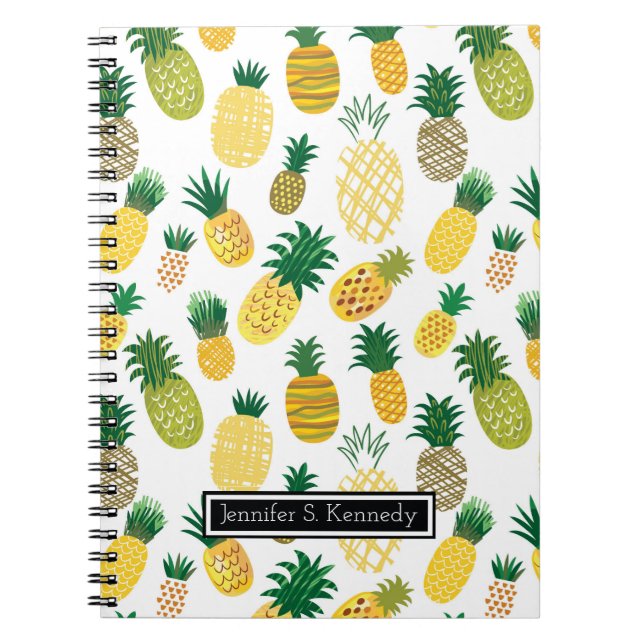 Trendy Pineapple Pattern | Add Your Name Spiral Notebook (Front)