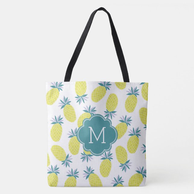 Trendy Pineapples Pattern Monogram Tote Bag (Front)