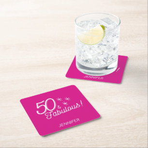 Trendy Pink 50 and Fabulous Square Paper Coaster