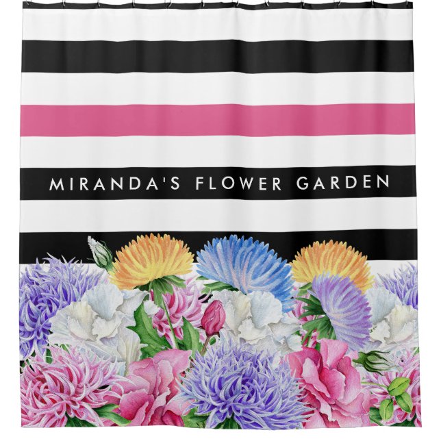 Trendy Pink and Black Floral Stripes With Name Shower Curtain (Front)