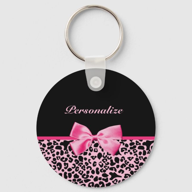 Trendy Pink And Black Leopard Hot Pink Ribbon Key Ring (Front)