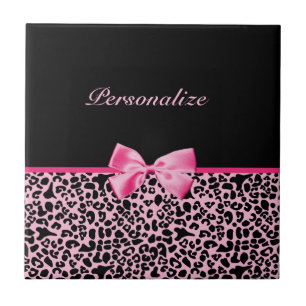 Trendy Pink And Black Leopard Hot Pink Ribbon Tile
