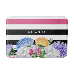 Trendy Pink and Black Striped Floral With Name Bath Mat