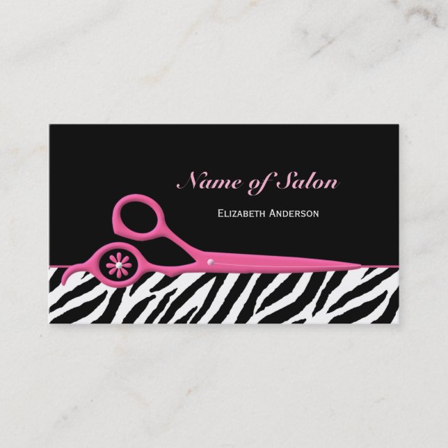 Trendy Pink and Black Zebra Hair Salon Scissors Business Card (Front)