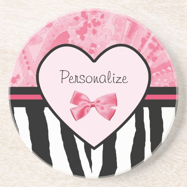 Trendy Pink and Black Zebra Pattern Bow and Name Coaster (Front)