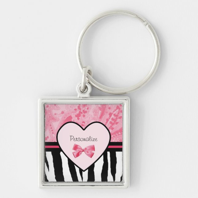 Trendy Pink and Black Zebra Pattern Bow and Name Key Ring (Front)