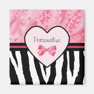 Trendy Pink and Black Zebra Pattern Bow and Name Magnet