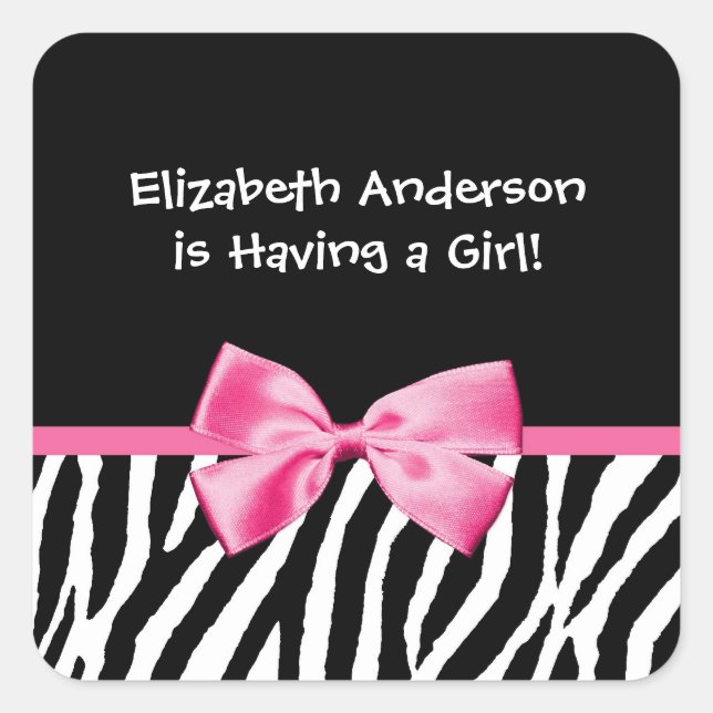 Trendy Pink And Black Zebra Print Girl Baby Shower Square Sticker (Front)