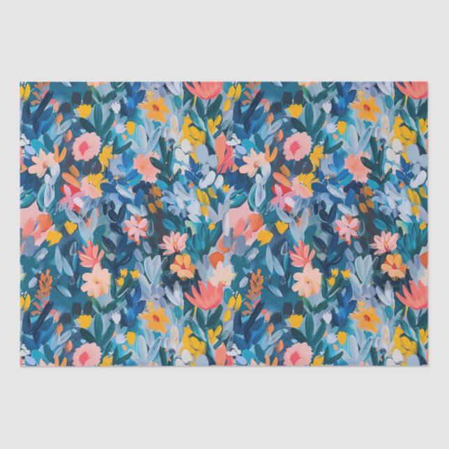 Trendy Pink and Blue Abstract Floral Pattern Tissue Paper (Front)