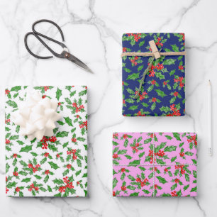Trendy Pink and Blue Christmas Holly Pattern Wrapping Paper Sheet
