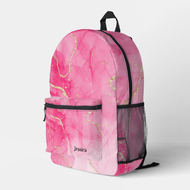 Trendy Pink and Gold Marbled  Printed Backpack (Back Corner Right)