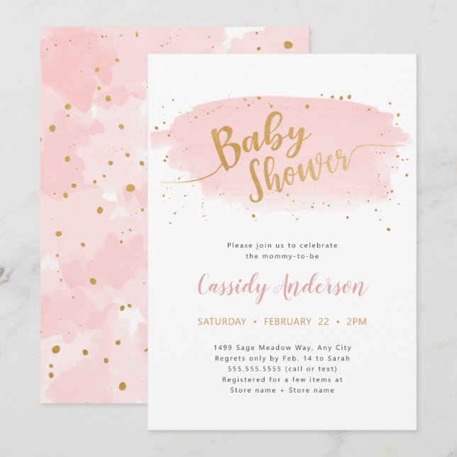 Trendy Pink and Gold Watercolor Baby Shower Invitation (Front/Back)