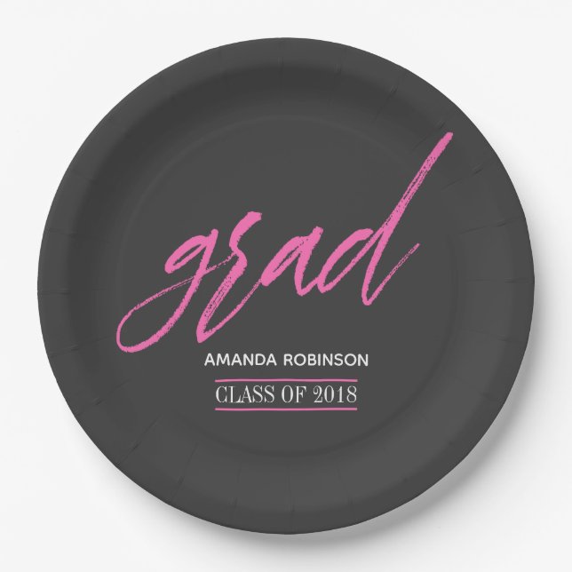 Trendy pink and grey Graduation party Paper Plate (Front)