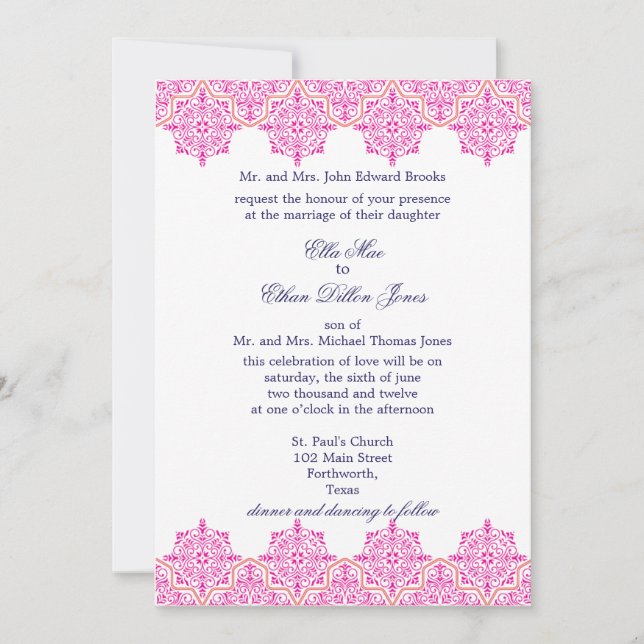 Trendy Pink and Orange Damask Wedding invitations (Front)