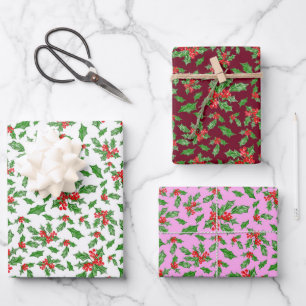 Trendy Pink and Red Christmas Holly Pattern Wrapping Paper Sheet