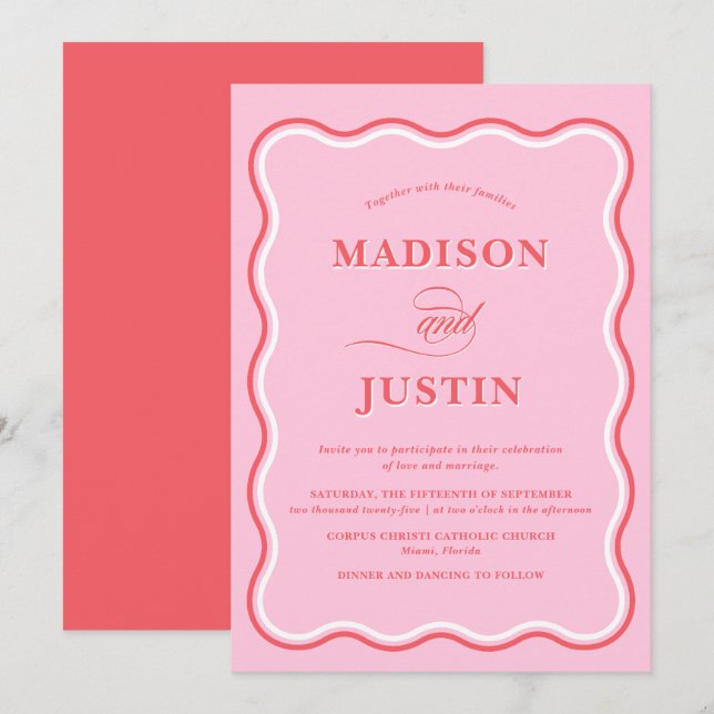 Trendy Pink and Red Squiggle Curves Wavy Wedding Invitation (Front/Back)