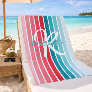 Trendy Pink and Teal Striped Monogram Custom Name Beach Towel