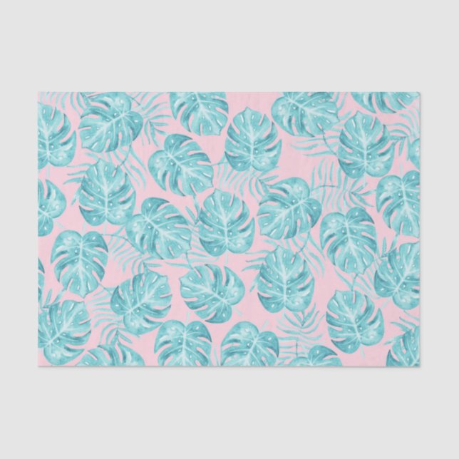 Trendy pink aqua watercolor tropical monster leave tissue paper (Front)