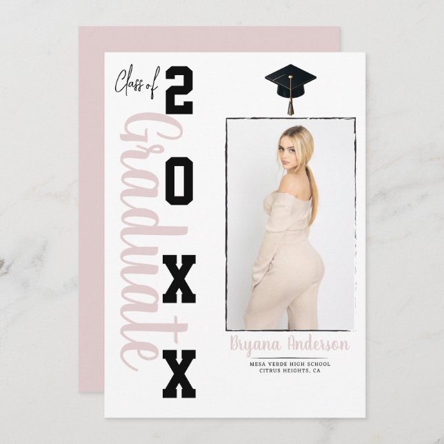 Trendy Pink Black Graduation Photo Announcement   (Front/Back)
