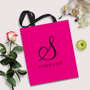 Trendy Pink Black Monogram Initial Script Name Tote Bag