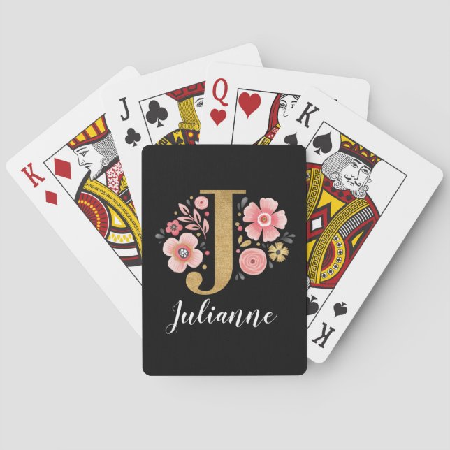Trendy Pink Black Monogram Letter J Playing Cards (Back)