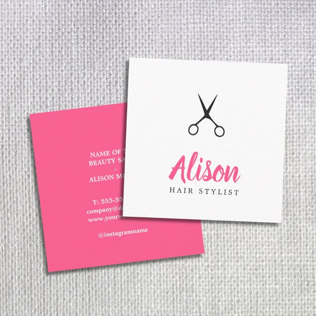 Trendy Pink Black Scissors Hair Stylist Square Business Card (Creator Uploaded)