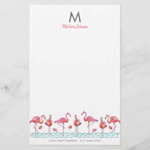 Trendy Pink & Blue Monogram Flamingo Stationery