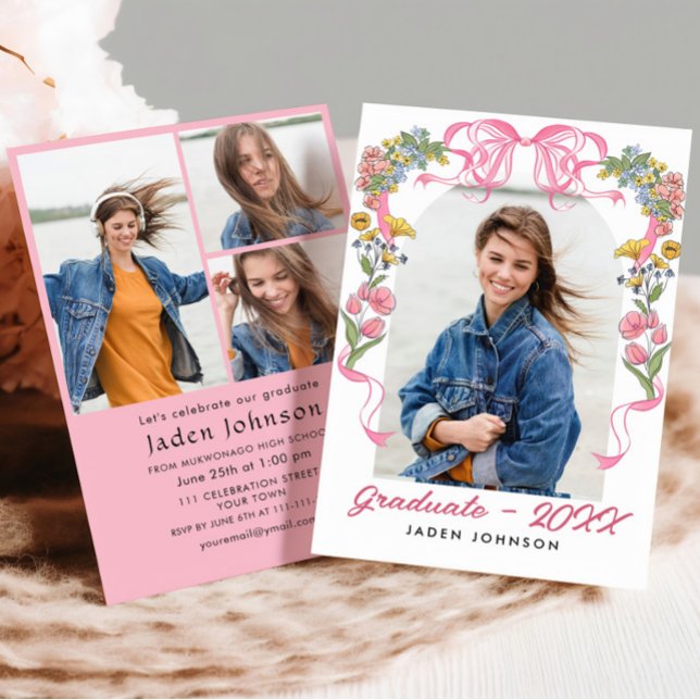 Trendy Pink Bow Coquette 4 PHOTO Graduation Party Invitation (Creator Uploaded)