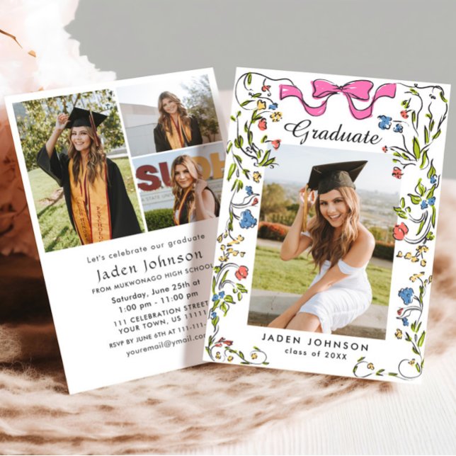 Trendy Pink Bow Coquette 4 PHOTO Graduation Party Invitation (Creator Uploaded)