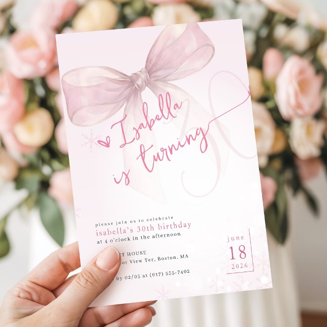 Trendy Pink Bow Elegant Winter 30th Birthday Invitation (Creator Uploaded)