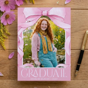 Trendy Pink Bow Graduation Photo Announcement