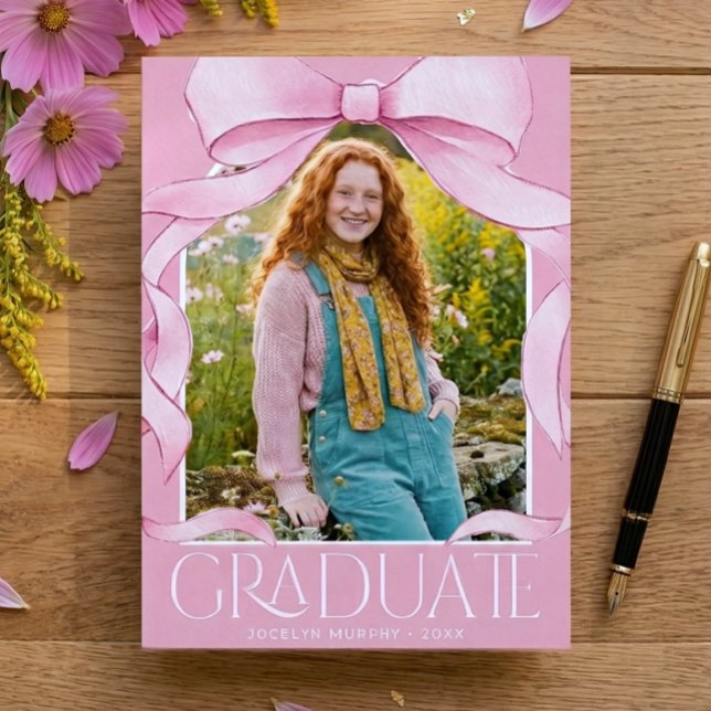 Trendy Pink Bow Graduation Photo Announcement (Trendy Pink Bow Graduation Photo Announcement)