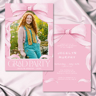 Trendy Pink Bow Graduation Photo Party Invitation