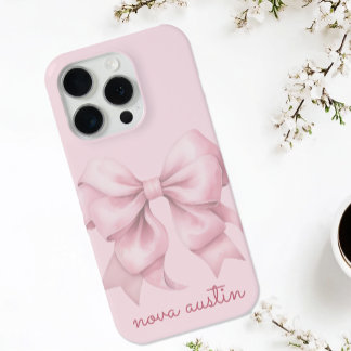 Trendy Pink Bow Personalised With Name Monogram iPhone 15 Pro Case