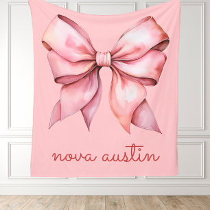 Trendy Pink Bow Personalised With Name Monogram Fleece Blanket
